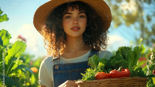 A young female farmer with curly hair, wearing overalls and a wide-brimmed hat, holding a basket of freshly picked vegetables in a vibrant organic garden, looking proud and professional photo