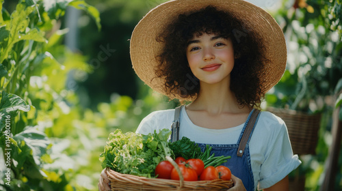 A young female farmer with curly hair, wearing overalls and a wide-brimmed hat, holding a basket of freshly picked vegetables in a vibrant organic garden, looking proud and professional photo