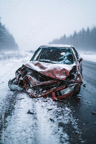 Damaged car wreck in the middle of a snowy road during heavy winter snowfall, icy surface, and dangerous conditions with faint emergency lights in a cold, moody forest scene photo