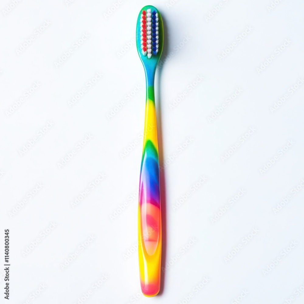 A toothbrush with a colorful handle and soft bristles on a white background A toothbrush with a colorful handle and soft bristles on a white background
