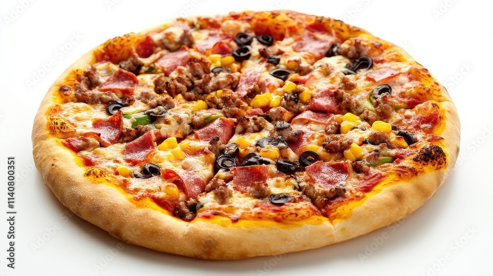 Gourmet Pizza with Exotic Toppings on White Table Gourmet Pizza with Exotic Toppings on White Table