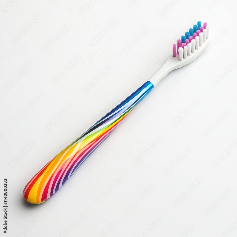 A toothbrush with a colorful handle and soft bristles on a white background A toothbrush with a colorful handle and soft bristles on a white background