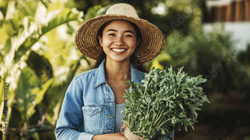 A smiling young Asian female farmer in a straw hat and denim outfit, holding a bundle of freshly harvested organic herbs, standing in front of an irrigation system photo