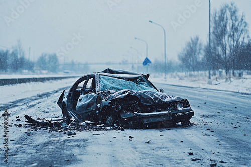 Damaged car wreck in the middle of a snowy road during heavy winter snowfall, icy surface, and dangerous conditions with faint emergency lights in a cold, moody forest scene