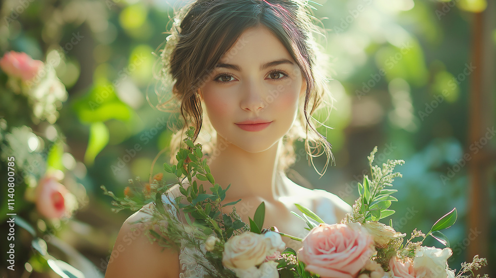 Radiant Woman Holding Flowers in Sunlit Bliss – Perfect Stock Photo Radiant Woman Holding Flowers in Sunlit Bliss – Perfect Stock Photo