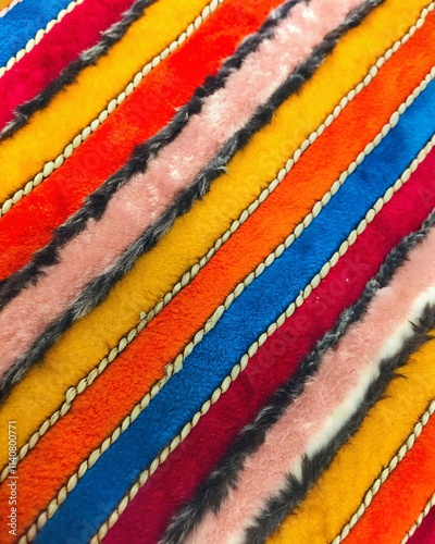 Close-up of colorful fluffy carpet textures  
Detailed close-up view of fluffy carpet textures in vibrant colors, showcasing soft fibers and cozy material for home decor inspiration.  
