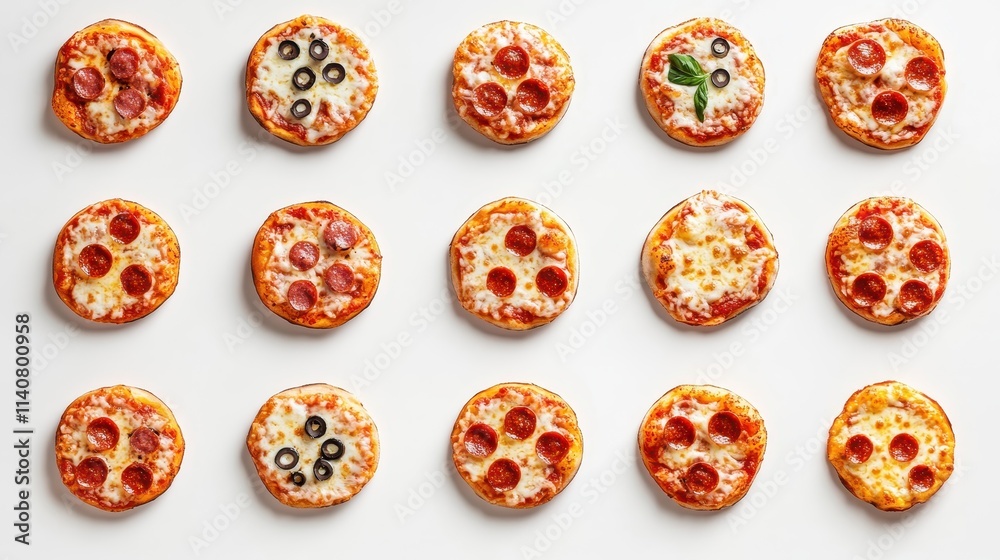Neat Grid of Mini Pizzas on Clean White Tabletop Neat Grid of Mini Pizzas on Clean White Tabletop