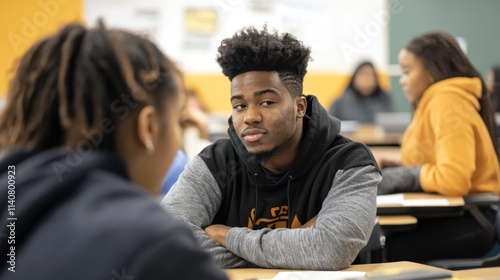 A candid shot of Black college students working in pairs during a class activity, fostering teamwork and camaraderie photo