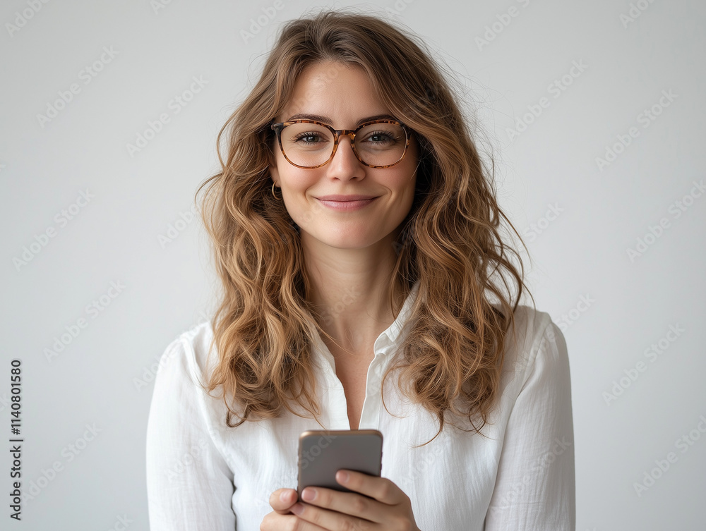 Femme de 20 ans avec une chemise regarde en souriant son smartphone, fond blanc, personnage pour publicité, site web, démo d'application ou de logiciel Femme de 20 ans avec une chemise regarde en souriant son smartphone, fond blanc, personnage pour publicité, site web, démo d'application ou de logiciel