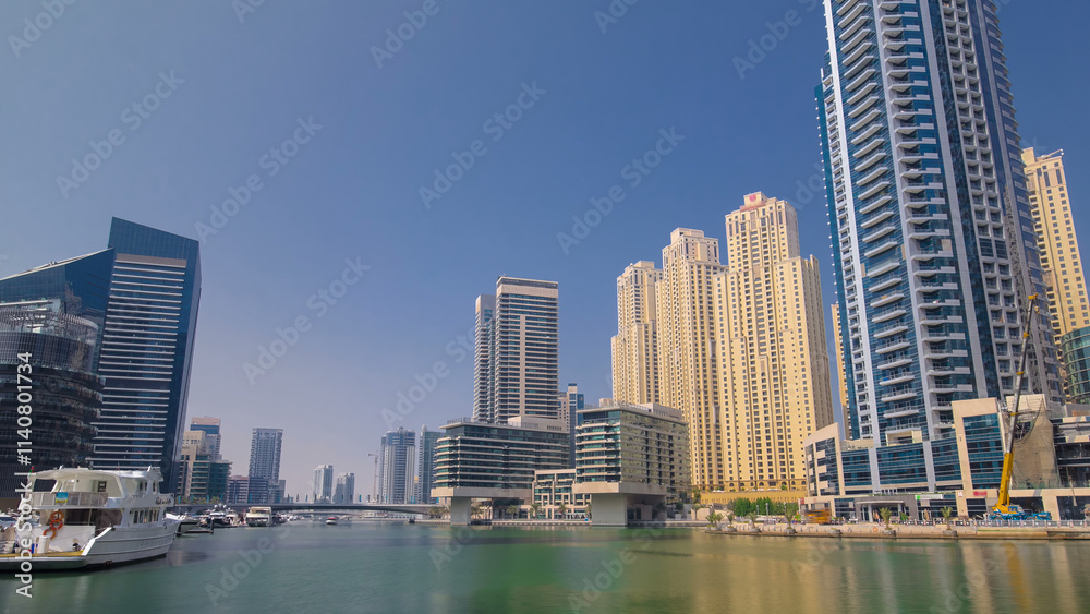 Dubai Marina skyscrapers. View from embankment timelapse hyperlapse Dubai Marina skyscrapers. View from embankment timelapse hyperlapse