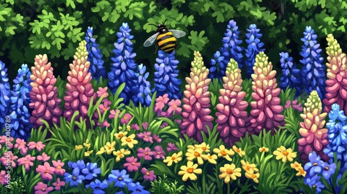 Colorful lupine flowers and bee in a lush meadow. photo