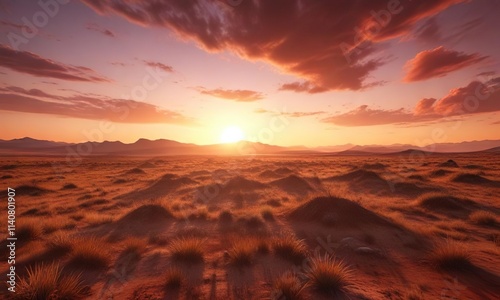 Warm sunset landscape with vast plains in brown and red tones, brown, landscape photo