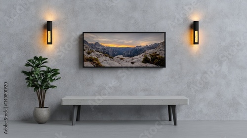 Fototapeta Naklejka Na Ścianę i Meble -  A vibrant wall painting adorns the entryway of a luxury hotel lobby, complemented by warm lights, a concrete bench, and green foliage