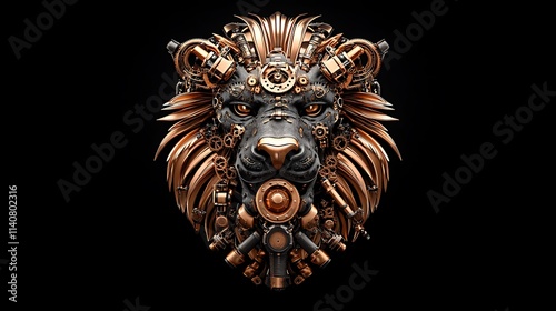 Steampunk Lion 3D Render on Black Background AI Generated photo