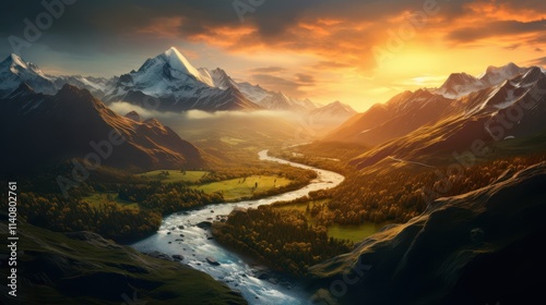 Breathtaking mountain landscape at sunrise, featuring a winding river. The beauty of nature shines through with vibrant colors and serene scenery in this stunning view.