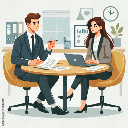 Partners meeting for business discussion with documents and laptop on desk. Couple at round table, speaking, discussing work, partnership. Flat vector on a white background