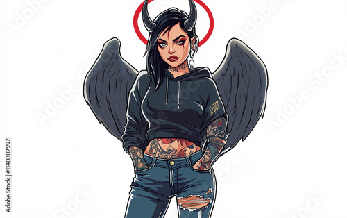 Stylized illustrations of modern angelic and demonic characters with horns, wings, and halos, dressed in trendy casual clothing, blending urban fashion with fantasy art and symbolism photo