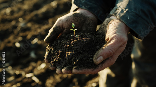 Close-up of hands holding rich, dark soil with a small green sprout emerging, symbolizing organic growth and sustainability, sunlight streaming through a farm field in the background photo