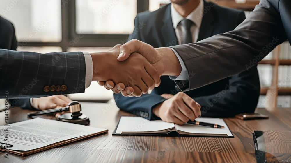 Two individuals clasp hands across a polished table in formal attire. Concept of professional trust and the forging of collaborative opportunity