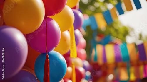 A close-up of graduation decorations, such as banners and balloons, setting the scene for a celebration