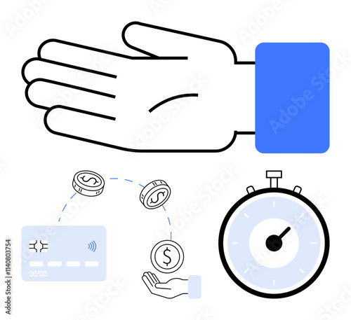 Hand receiving coins credit card and stopwatch. Ideal for finance, transactions, time management, business, economy, payment processing, savings. Line metaphor
