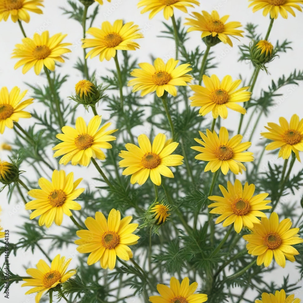 White background with multiple yellow Euryops pectinatus flowers, blooms, flowers White background with multiple yellow Euryops pectinatus flowers, blooms, flowers