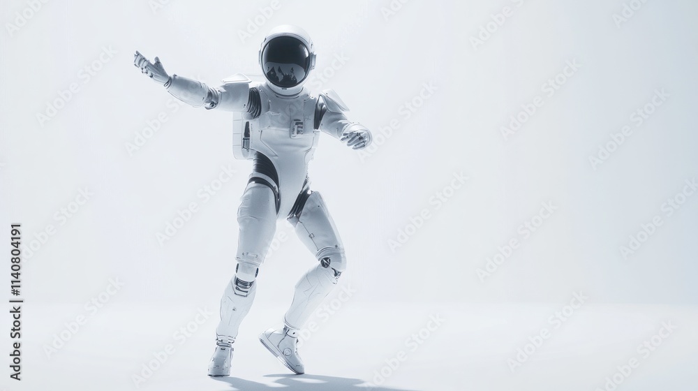 A futuristic robot astronaut dances in a minimalistic, bright environment. A futuristic robot astronaut dances in a minimalistic, bright environment.