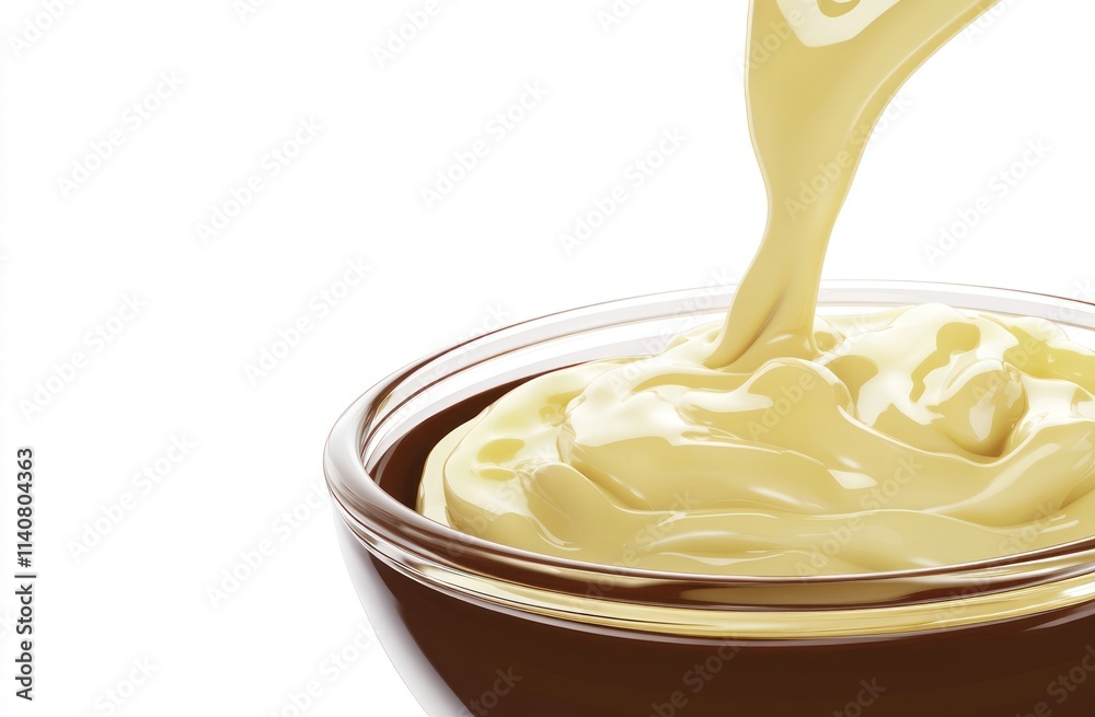 A close-up of creamy sauce being poured into a glass bowl, showcasing its smooth texture. A close-up of creamy sauce being poured into a glass bowl, showcasing its smooth texture.