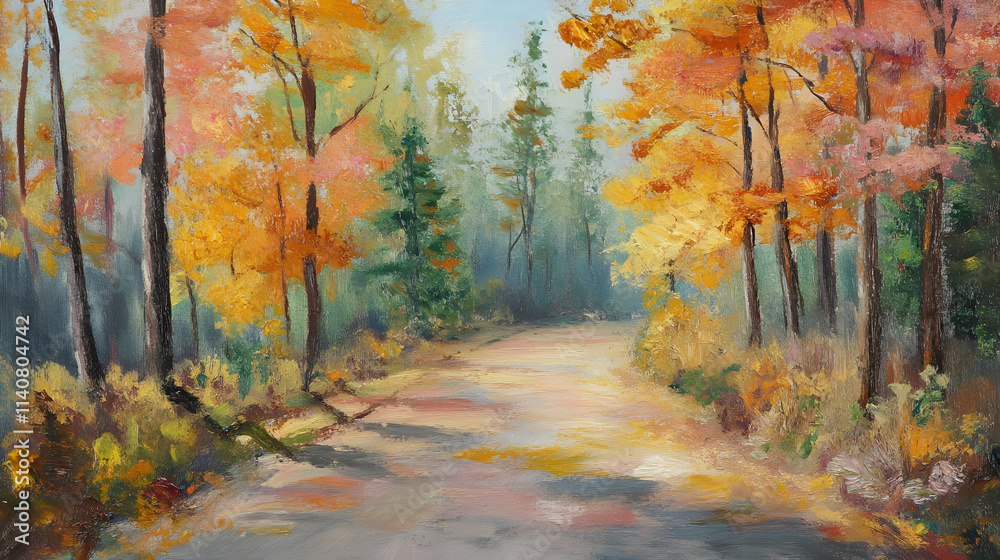 Obraz premium A serene autumn landscape with vibrant foliage and a winding path.