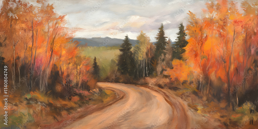 A winding dirt road through vibrant autumn foliage and distant mountains. A winding dirt road through vibrant autumn foliage and distant mountains.