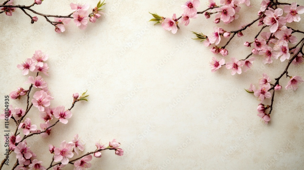 Fototapeta premium Cherry Blossoms on Plain Paper: a serene background featuring soft pink cherry blossom branches delicately arranged on a plain white paper, symbolizing the beauty of spring. 