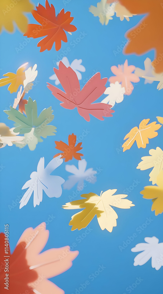 Obraz premium Colorful leaves falling against a blue sky, creating a vibrant autumn atmosphere.