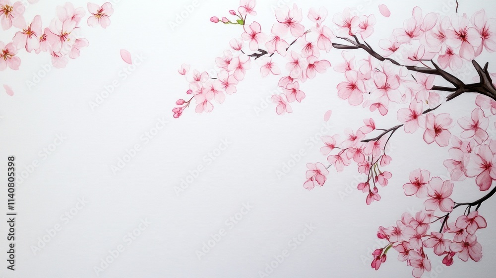 Fototapeta premium Cherry Blossoms on Plain Paper: a serene background featuring soft pink cherry blossom branches delicately arranged on a plain white paper, symbolizing the beauty of spring. 