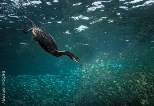 Eye level with a Cormorant (Phalacrocoracidae) hunting in huge shoal of Sardines (Sardina pilchardus).