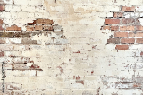Weathered brick wall with peeling white paint and exposed red bricks