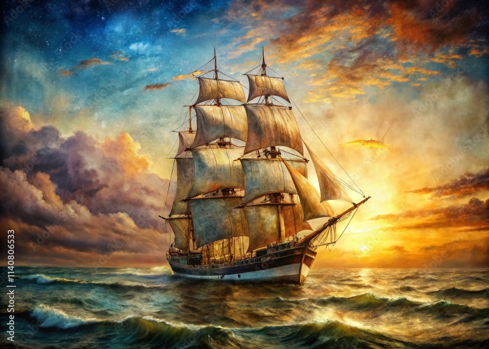 Obraz premium Vintage Ship Painting Portrait, Nautical Art, Retro Maritime Portrait, Classic Sailing Ship, Old Sea Vessel, Ocean Portraiture