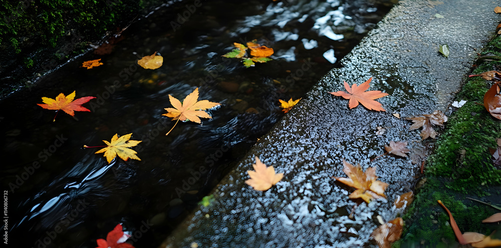 A serene scene of autumn leaves floating on water beside a stone path. A serene scene of autumn leaves floating on water beside a stone path.