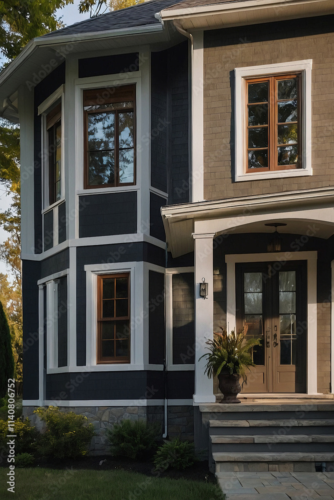 Two-Story House with Bay Window and Stone Facade Two-Story House with Bay Window and Stone Facade
