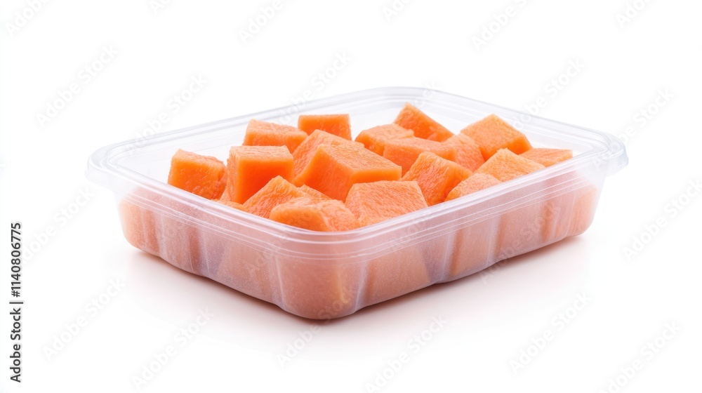 A clear container filled with diced orange cantaloupe pieces. A clear container filled with diced orange cantaloupe pieces.