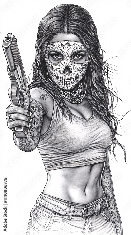 Obraz premium Stylized illustrations of women with skull face paint and guns, bold gothic designs combining fantasy, horror, and street art themes, evoking rebellion and power
