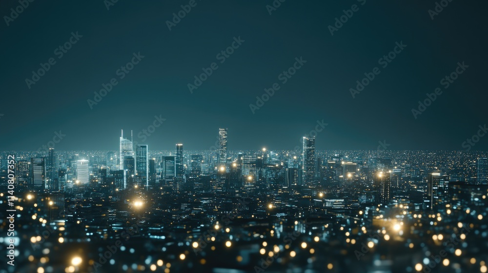 Fototapeta premium Connected digital nodes create a vibrant network above a city skyline at night, showcasing a serene light blue atmosphere