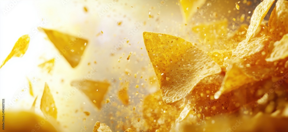 Flying tortilla chips explosion, golden crispy texture, dynamic motion, snack food, vibrant background, scattered crumbs, copy space for text Flying tortilla chips explosion, golden crispy texture, dynamic motion, snack food, vibrant background, scattered crumbs, copy space for text