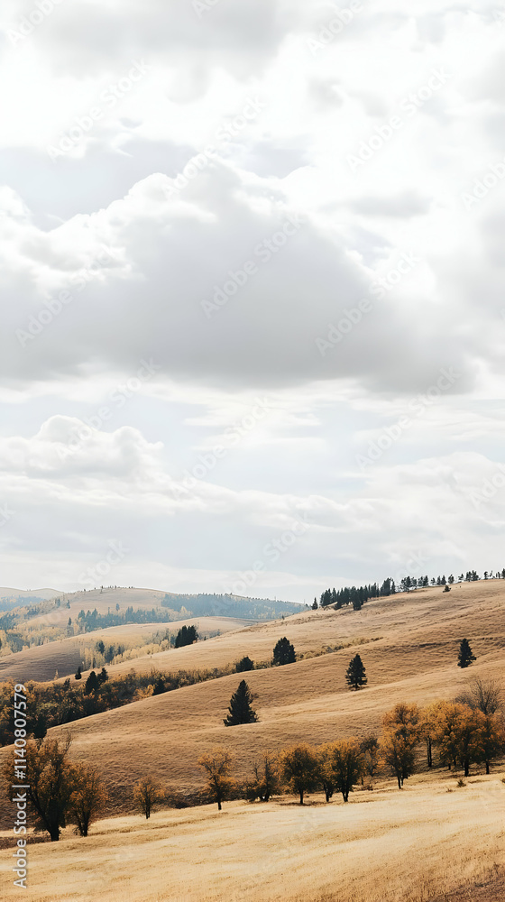 Fototapeta premium A serene landscape with rolling hills, trees, and a cloudy sky, evoking tranquility.