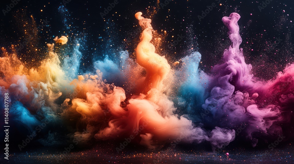 Vibrant multicolored paint explosion in dark background with glitter.