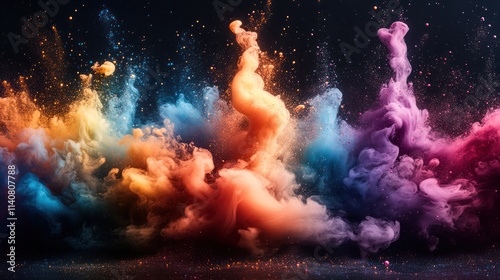 Vibrant multicolored paint explosion in dark background with glitter.