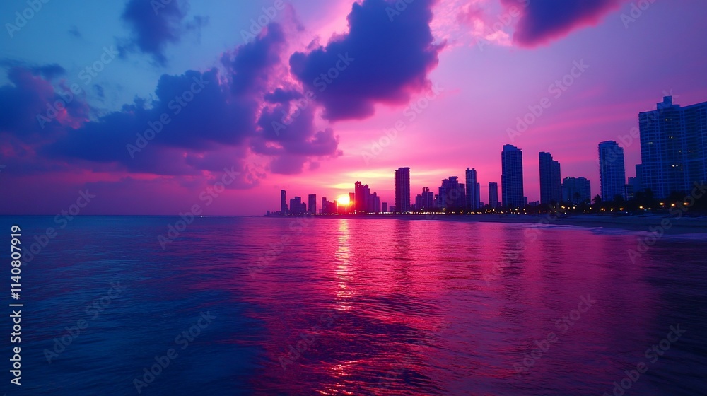 Obraz premium Vibrant sunset over city skyline reflected in calm ocean water.
