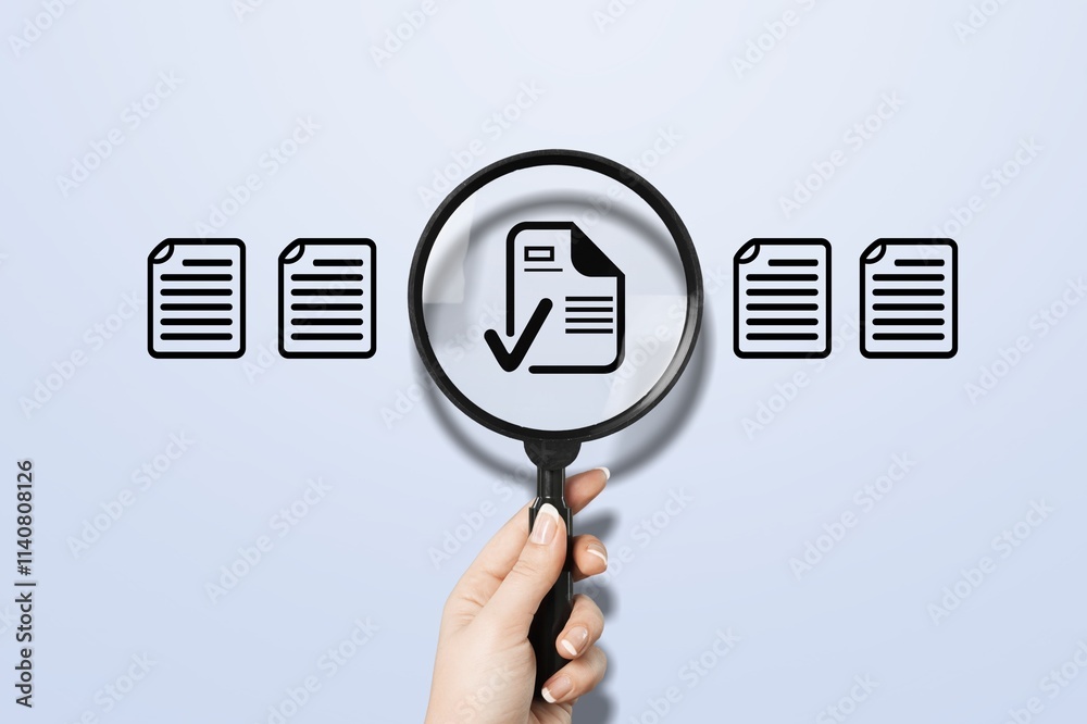 Document review and quality contro. Hand hold magnifying glass