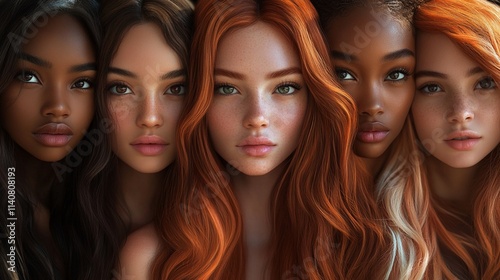 Diverse group of beautiful women with different skin tones and hair colors showcasing natural beauty in artistic portrait composition with soft lighting and dreamy atmosphere.