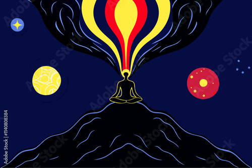 Majestic Hot Air Balloon Ascending Over Nighttime Mountain Landscape