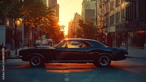 Fototapeta Naklejka Na Ścianę i Meble -  Classic Muscle Car at Sunset City Street Scene